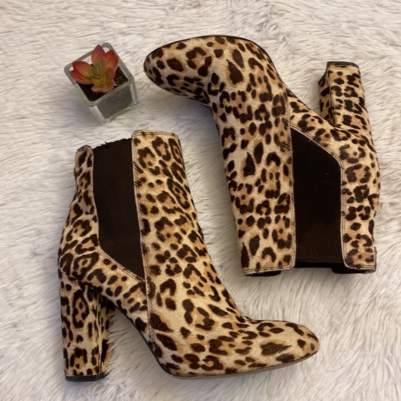 Sam Edelman | Anthropologie Animal print Fur Chelsea Ankle Bootie heel women 7.5 - Picture 6 of 11